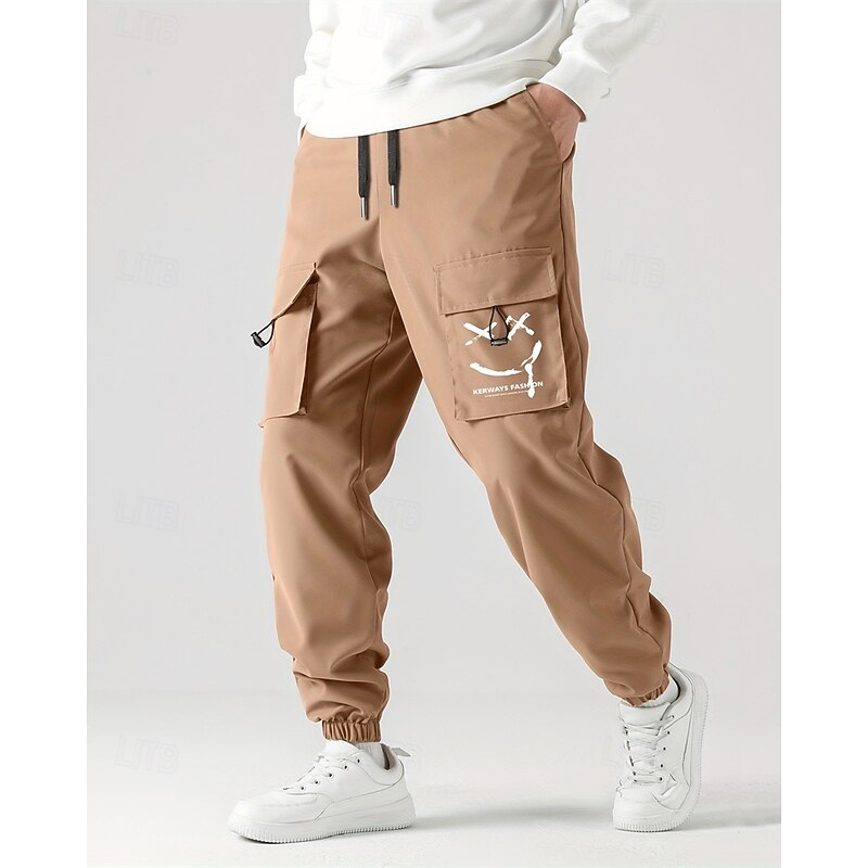 Men's Cargo Pants Joggers Trousers Elastic Waist Drawstring Multi Pocket Smile Face Wearable Outdoor Daily Camping & Hiking Fashion Classic Black Wine2