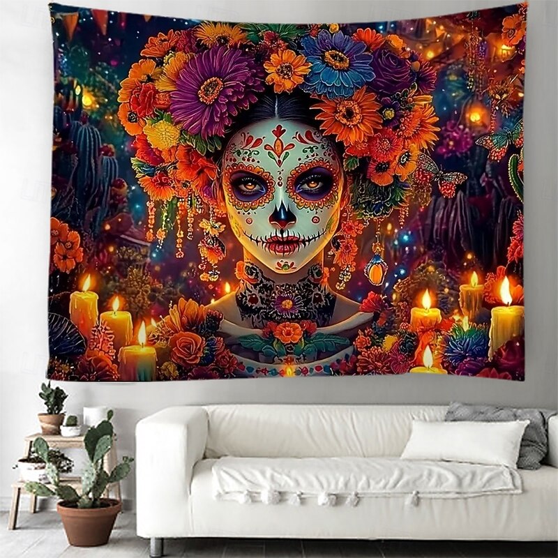 Day of the Dead Sugar Skull Wall Tapestry Backdrop, Mexican Dia de los Muertos Colorful Decoration for 2025 Halloween Living Room, Bedroom4