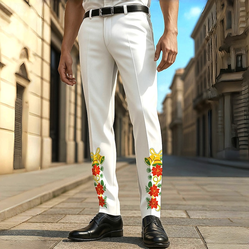 Men's Floral Print Flowers Dress Pants Trousers Casual Pants Mid Waist Casual Formal Vacation Party Spring Fall 3D Print White Green