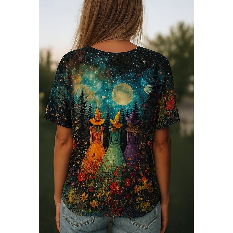 Halloween Women's T shirt Witch Floral Graphic Plants Stylish Casual Short Sleeve V Neck Regular Tops Daily Print Black Summer Spring2