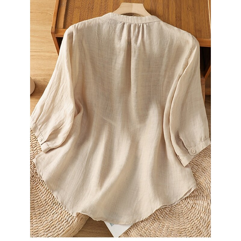 Women's Cotton Linen Shirts Floral Bohemia Casual 3/4 Length Sleeve Crew Neck Regular Tops Daily Embroidered Green Apricot Summer Spring Fall4