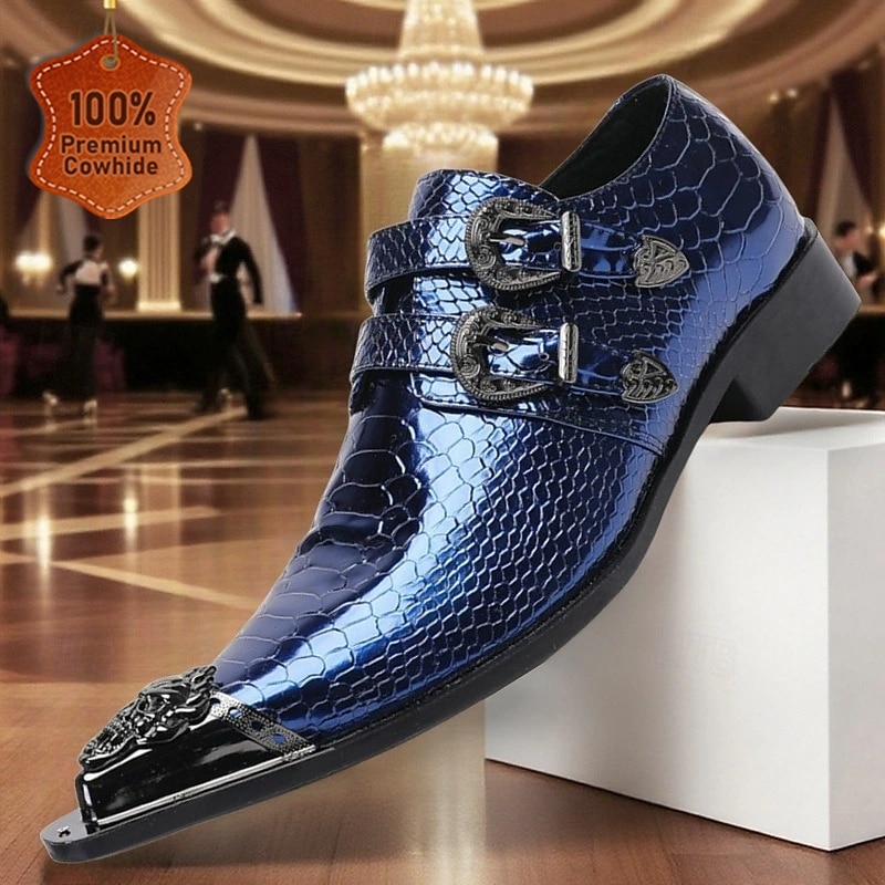 Men's Blue Crocodile-Patterned Monk Strap Shoes - Premium Cowhide Double Buckle Monk Shoes for Men - Perfect for Fashion-Forward Formal Events and Special Occasions