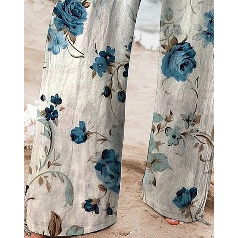 Women's Wide Leg Pants Trousers Palazzo Pants Fashion Boho Full Length High Waist Flower Elastic Waist Drawstring Print Breathability Comfortable Street Daily Wear Going out Blue Spring Fall Regular3
