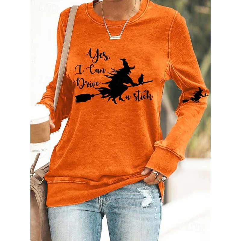 Halloween Women's Pullover Sweatshirt Witch Graphic Casual Long Sleeve Crew Neck Regular Tops Street Casual Holiday Print Black White Blue Purple Orange Spring Fall Winter