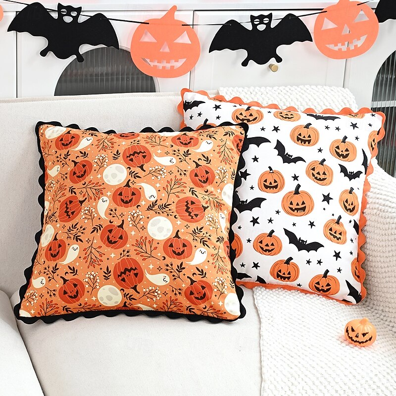 1 Pc Halloween Pillow Cover, Pumpkin Bat Geometric Casual Square Zipper Traditional Classic3