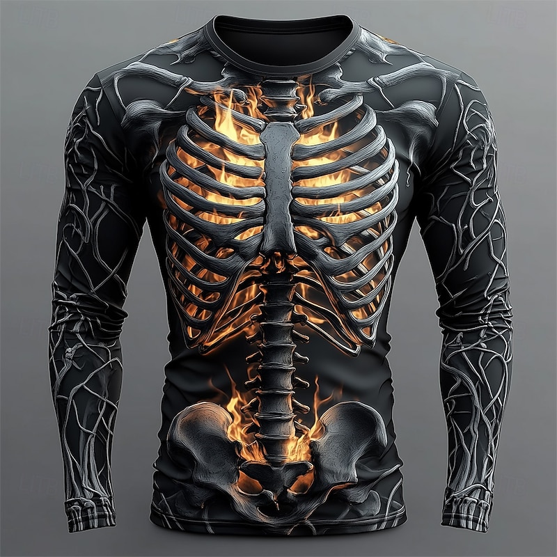 Halloween Day of the Dead Skull Men's Skeleton Costume T Shirt Long Sleeve T shirt 3D Print Crew Neck Shirt Fashion Exaggerated Street Casual Daily  Summer Spring Fall Clothing Apparel