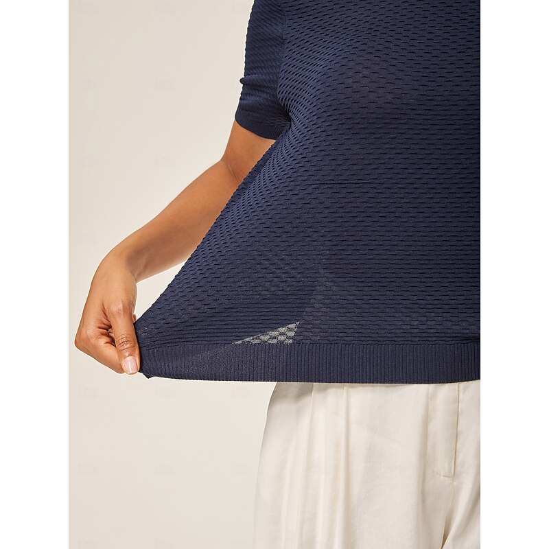 Luxe Textured 3D Jacquard Knit Navy Blue Top4