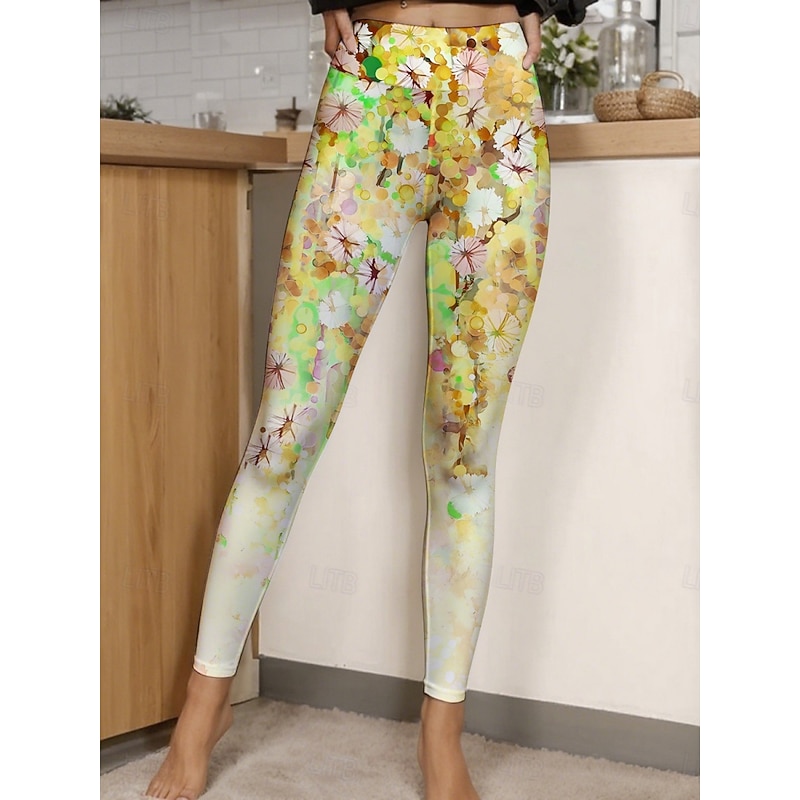 Women's Pants Trousers Leggings Cozy Leggings Streetwear Casual Full Length High Waist Floral Elastic Waist Print Breathability Comfortable Stretchy Vacation Street Daily Wear Yellow Purple Summer3