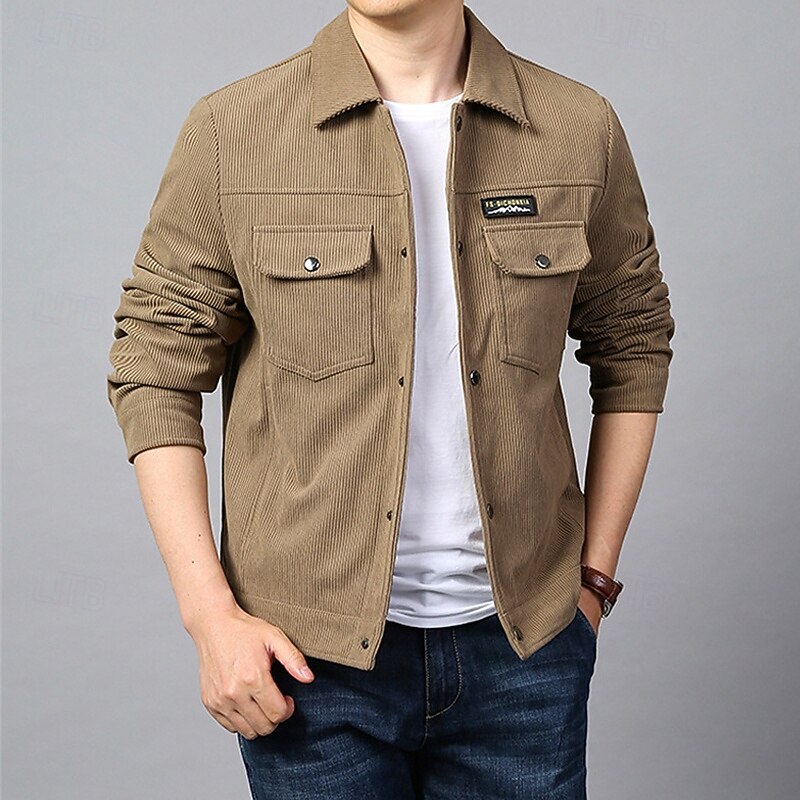 Men's Lightweight Jacket Corduroy Jacket Cargo Jacket Casual Jacket Vacation Daily Warm Pocket Spring Fall Plain Fashion Classic Lapel Regular Black Green Khaki Jacket
