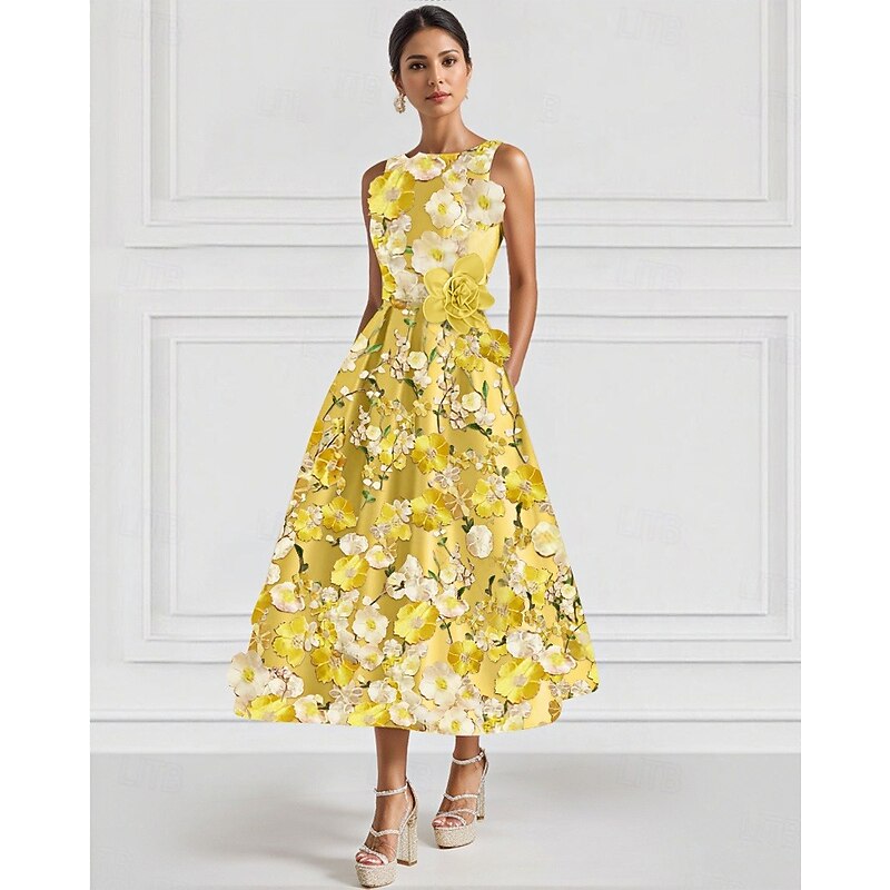 A-Line Floral Cocktail Elegant Dress Formal Gown Wedding Guest Ankle Length Sleeveless Crew Neck Satin with Embroidered Pocket3
