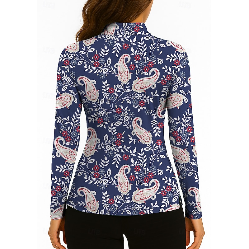 Women's Golf Polo Shirt Tennis Shirt Tennis Tee Long Sleeve Print Quarter Zip Pullover UV Protection Elastic Breathable Volleyball Tennis Golf Zip Collar Shirt Polo Dark Navy Tennis Clothing2