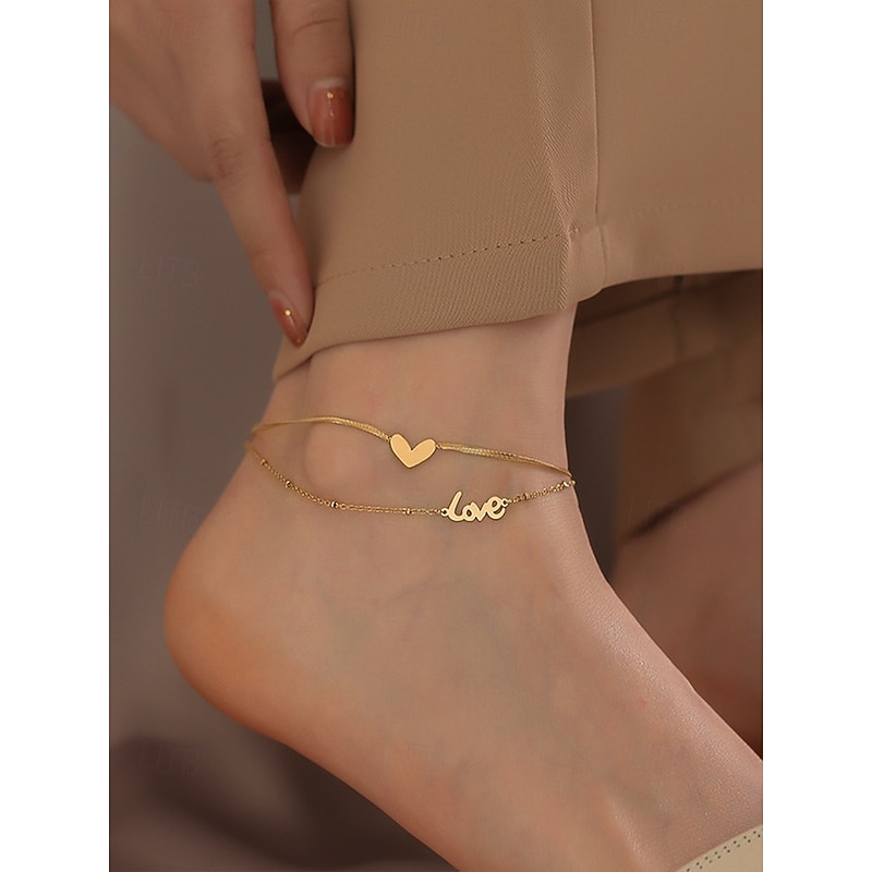 Women's Gold Love Heart Layered Anklet – Adjustable Alloy Chain, Elegant Minimalist Design for Summer, Beach and Casual Wear2