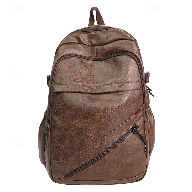 Men's Brown Faux Leather Backpack – Stylish Laptop Bookbag with Zipper Pockets for Work, College, and Travel