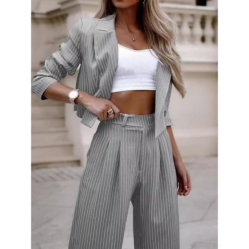 Women's Fashion Daily Two Piece Sets Pants Sets Long Sleeve Shirt Collar Striped Print Office Black Blue Gray Summer Regular Fit3