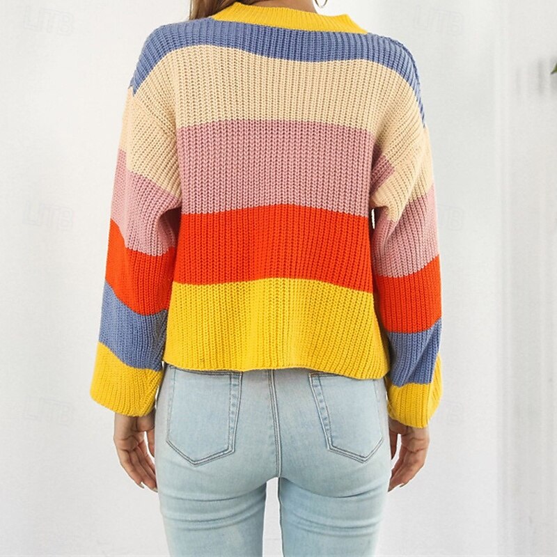 Women's Cardigan Casual Color Block Chunky V Neck Knitted Long Sleeve Regular Tops Knit Daily Holiday Going out Yellow Green Fall Winter4