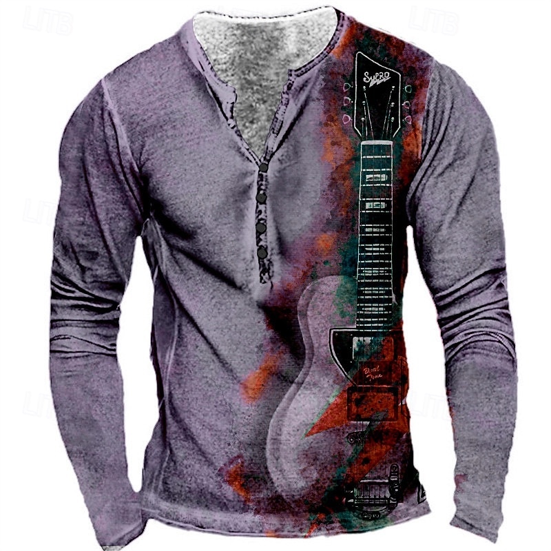 Men's Graphic Guitar T shirt Henley Shirt Tee Long Sleeve 3D Print Designer Basic Classic Outdoor Daily Sports Spring &  Fall Yellow Red Blue Purple Khaki Henley Henley T-Shirt3