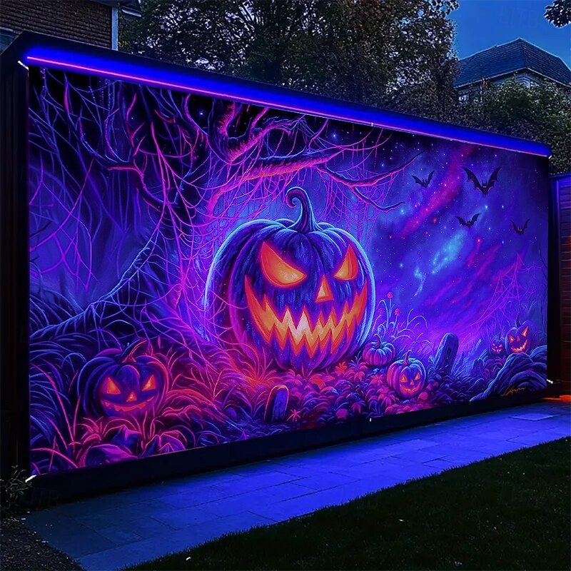 Halloween Garage Door Cover Neon Monster Face with Pumpkins Banner, Glowing Blacklight Backdrop Decoration for Holiday Outdoor Garage Door and Home Wall, 2025 Halloween Decorations2