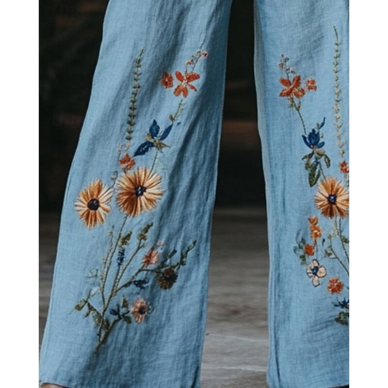 Women's Wide Leg Pants Trousers Palazzo Pants Fashion Boho Full Length High Waist Flower Elastic Waist Print Breathability Comfortable Street Daily Wear Going out Blue Spring Fall Regular Fit3