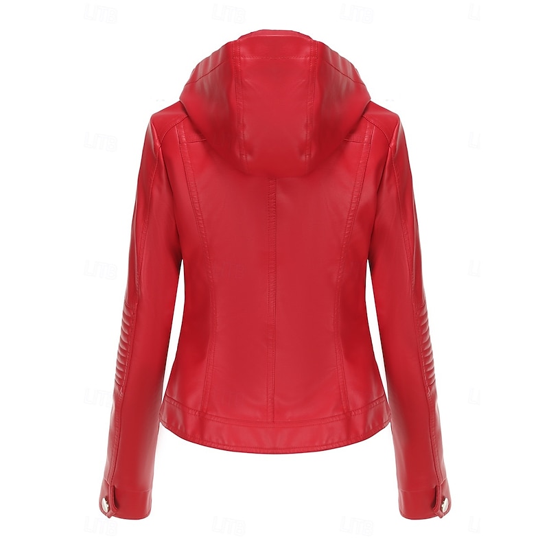 Women's Faux Leather Jacket Casual Jacket Comfortable Breathable Zipper Pocket Casual Plain Vacation Street Casual Daily Wear Zipper Short Hooded Regular Fit Long Sleeve Outerwear Red Camel Coffee4