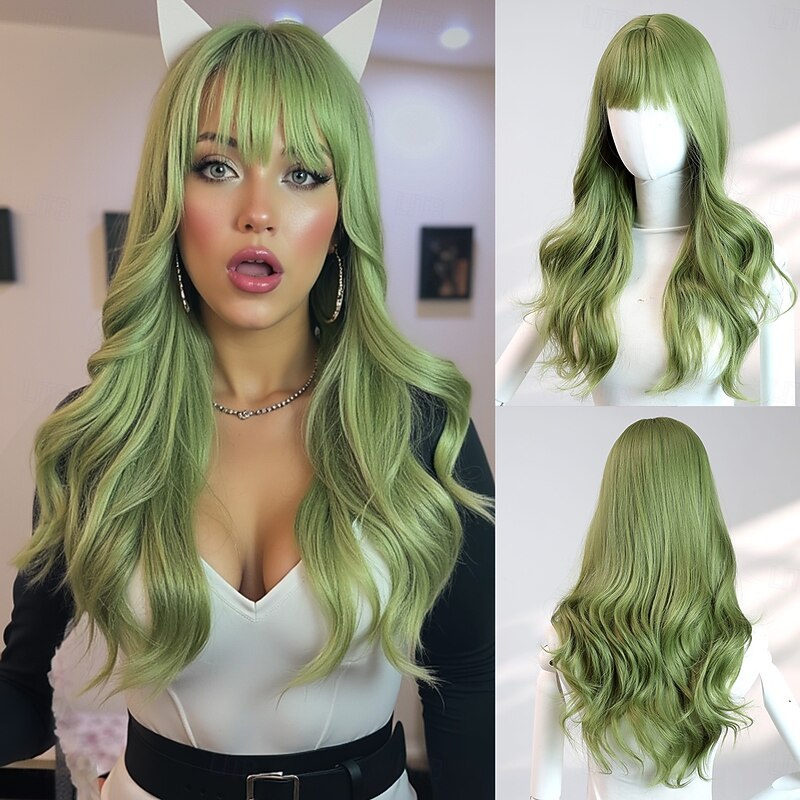22‑Inch Green Ombre Wavy Wig with Bangs – Grass Green Long Hairpiece, Ideal for Halloween Costume, Cosplay & Photo Shoots