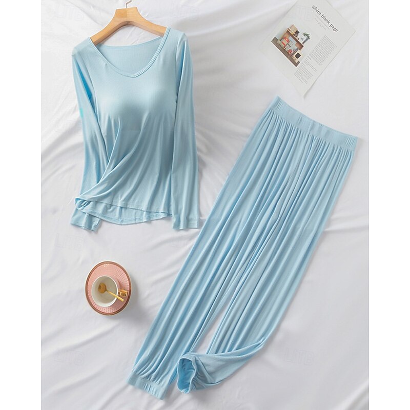 Women's Pajamas Comfort Pure Color Ruched T Shirt Pant Home Daily Bed Long Sleeve V Neck Black Light Grey Light Blue Fall2