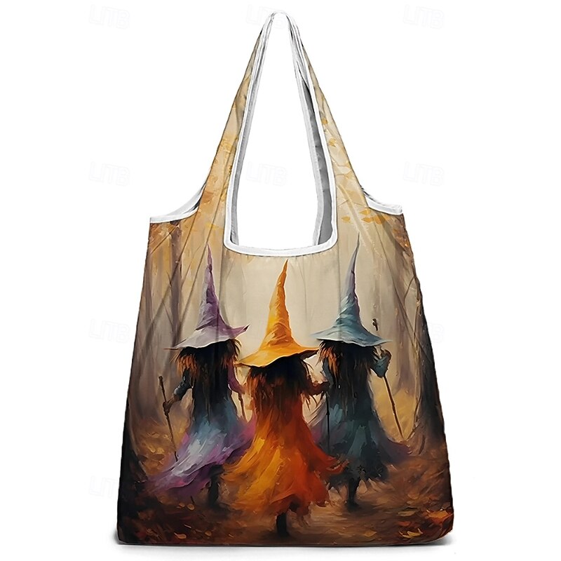 Women's Halloween Foldable Reusable Shopping Tote Bag with Witch Print – Eco-Friendly, Lightweight, for Holiday, Grocery & Daily Use4