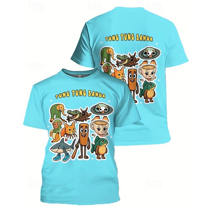 Boys' Blue T-Shirt with Cartoon Character Print - Tung Tung Tung Sahur Design T shirt Tee Short Sleeve Summer Spring Fashion Basic Kids 4-12 Years Crew Neck Outdoor Casual Daily Regular Fit3