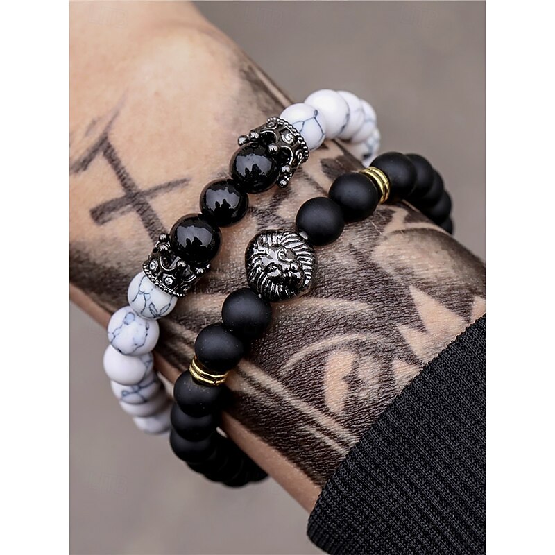 Men's Natural Stone Beaded Bracelet Set with Lion Head Charm – 2-Piece Stretch Bracelets for Punk Style, Gifts and Street Fashion Wear