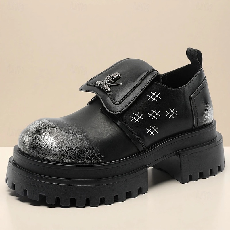 Men's Skull Buckle Platform Loafers – Gothic Punk Slip-On Shoes with Cross Stitch Detail for Halloween & Alternative Style