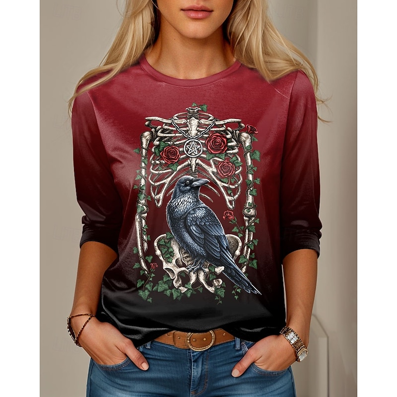 Rose By Sarah Richter Halloween Women's T Shirt Skulls Crew Neck Long Sleeve Tunic Graphic Vintage Stylish Classic  Regular Tops Daily Print
