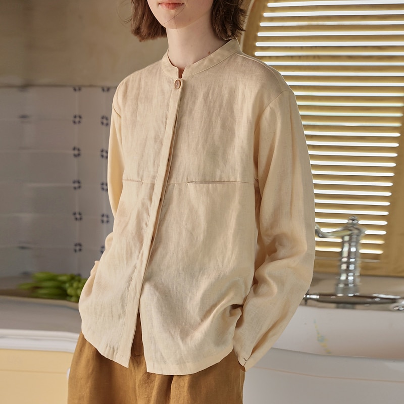 Women's 100% Linen Shirt Solid Color Plain Elegant Vintage Daily Long Sleeve High Neck Regular Tops Work Daily Holiday Pocket Black White Apricot Summer Spring Fall