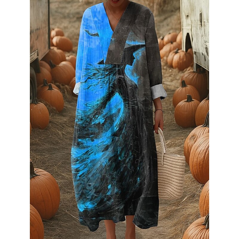 Halloween Women's Witch Print Midi Dress V Neck Long Sleeve Kaftan Lightweight Loose Fit A Line Dress Casual Boho Going out Graphic Long Sleeve V Neck Blue Orange Green Fall2