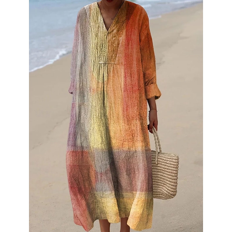 Women's Midi Dress V Neck Long Sleeve Kaftan Lightweight Loose Fit A Line Dress Casual Boho Party Loose Fit Graphic Geometric Long Sleeve V Neck White Blue Orange Brown Fall
