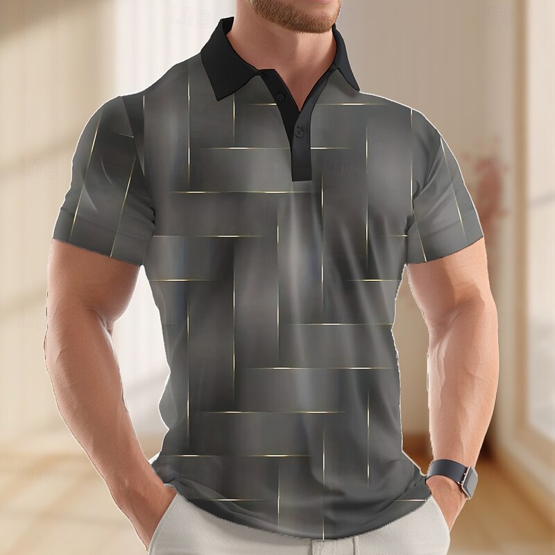 Men's Geometric Abstract Polo Short Sleeve Polo Shirts Lapel Business Casual Business Athleisure Daily Wear 3D Print Buttons Summer Black Dark Blue Dark Purple3