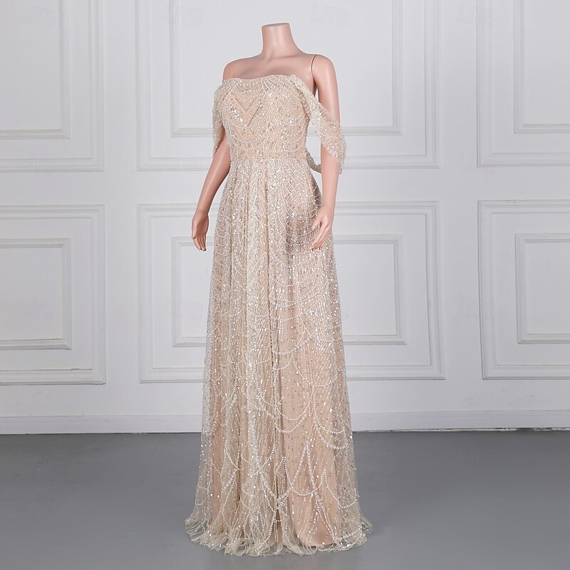 Mermaid / Trumpet Evening Gown Elegant Dress Formal Prom Sweep / Brush Train Sleeveless Off Shoulder Lace with Pearls Sequin2