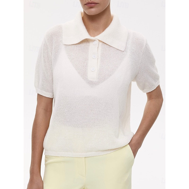 Women's Sweater Casual Soft Pure Color Ribbed Shirt Collar Buttons Knitted Long Sleeve Regular Tops Knit Outdoor Daily Weekend Black White Fall Winter