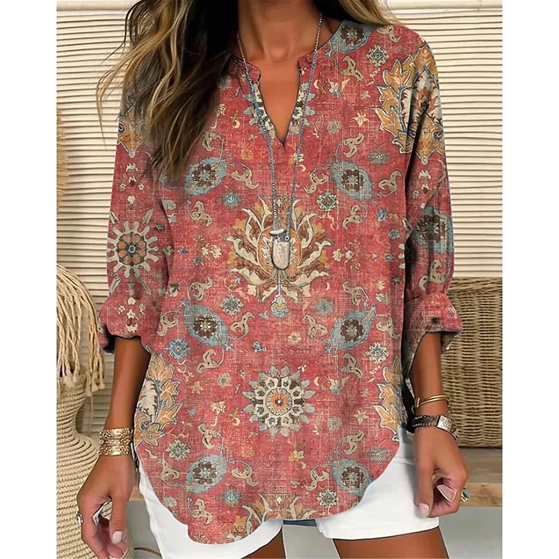 Women's Blouse Tunic V Neck Long Sleeve Boho Casual Tree of Life Merkabah Floral Graphic Leaf Elegant Stylish Regular Tops Daily Print Blue Dusty Blue Light Purple Purple Brown