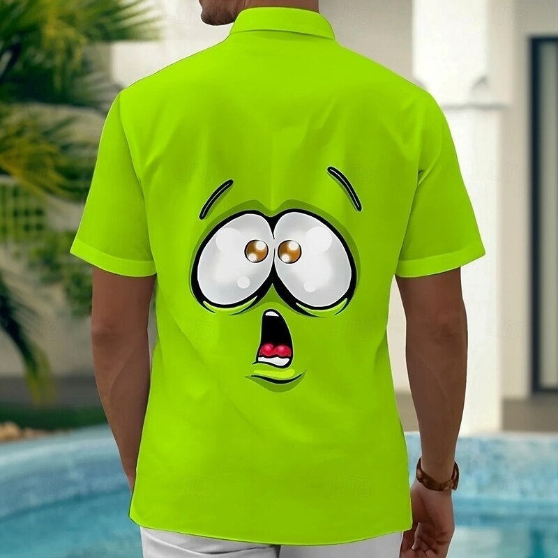 Men's Cartoon Funny Big Eyes Shirt Summer Shirt Button Up Shirt Short Sleeve Fashion Casual Outdoor Vacation Dailywear Summer Spring Turndown 3D Print Collared Shirts Front One Pocket Green2