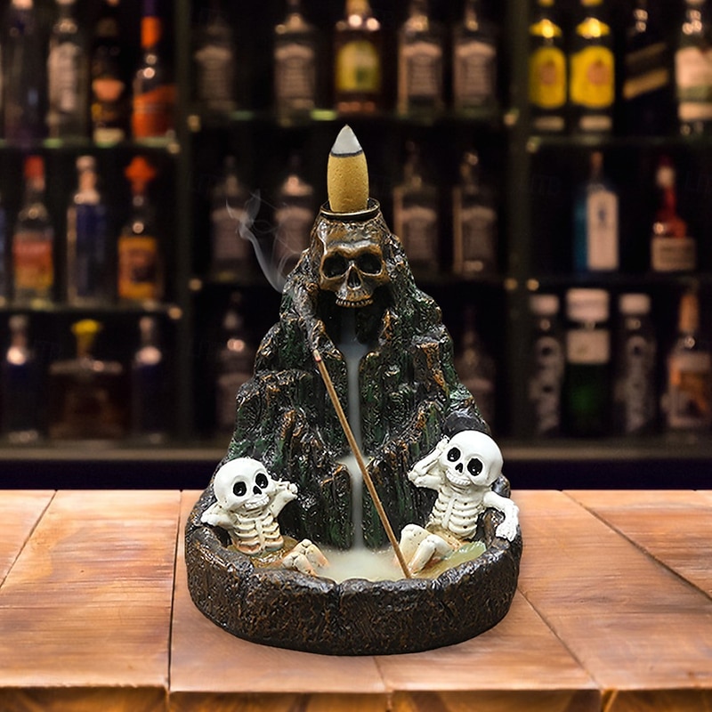 Halloween Skull Backflow Incense Burner, Resin Mountain Skeleton Decor, Creative Home Decoration Ornament for Living Room, Spooky Haunted House Tabletop Decor