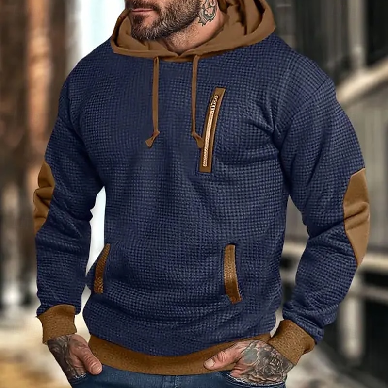 Men's Hoodie Waffle Hoodies Pullover Hoodie Sweatshirt Navy Blue Hooded Color Block Pocket Sports & Outdoor Daily Streetwear Basic Workout Athletic Fall Clothing Apparel Hoodies Sweatshirts4