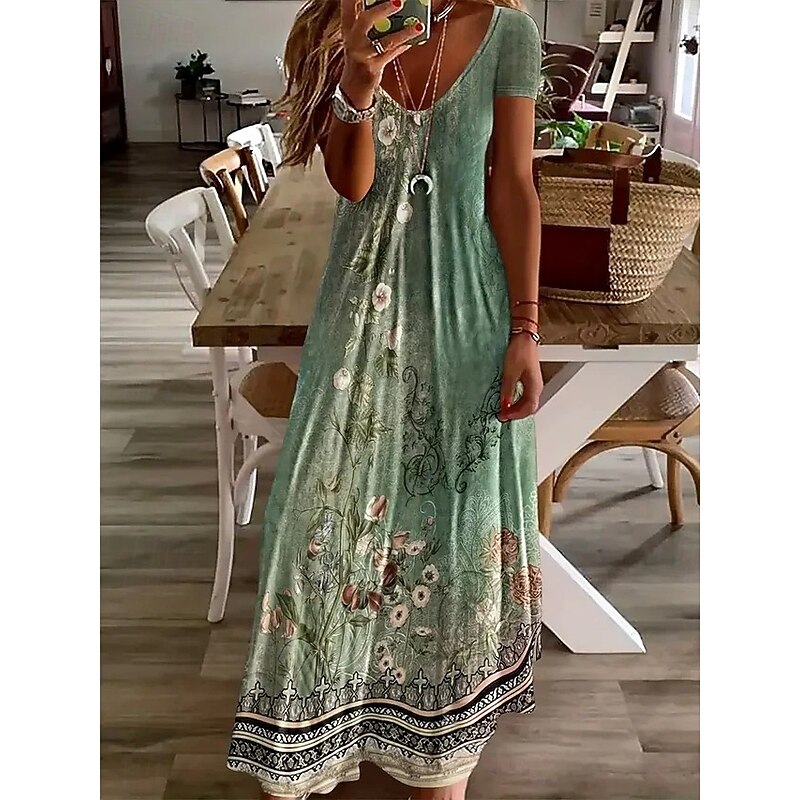 Women's Maxi Dress Casual Dress A Line Dress Summer Dress Elegant Vacation Vintage Regular Fit Floral Graphic Paisley Short Sleeve U Neck Light Green Dusty Blue Summer Spring Fall