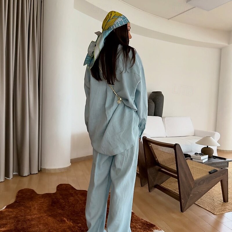 Women's Vacation Vintage Fashion Shirt Pants Sets Long Sleeve Shirt Collar Solid Color Vacation Casual Daily Blue Summer Loose Fit4