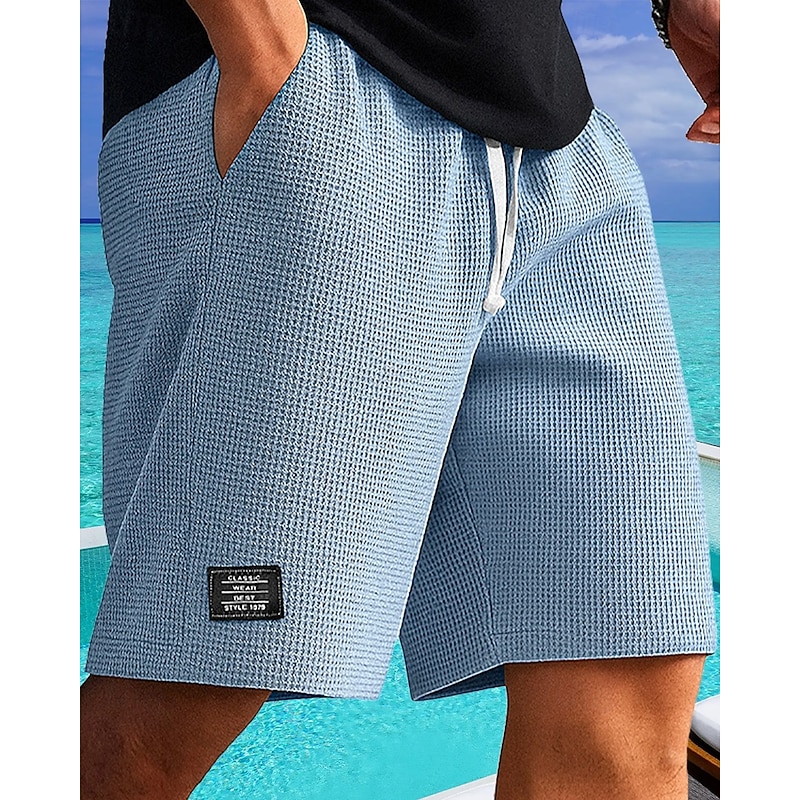 Men's Waffle Shorts Shorts Summer Shorts Casual Shorts Drawstring Pocket Elastic Waist Plain Comfort Breathable Short Outdoor Vacation Sport Casual Black White