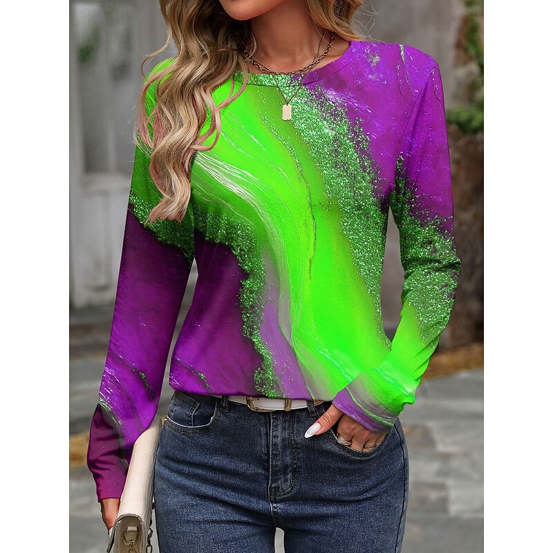 Women's T shirt Crew Neck Long Sleeve Tunic Ombre Graphic Color Block Vintage Stylish Casual  Round Neck Regular Tops Daily Print Purple Orange Green Fall4
