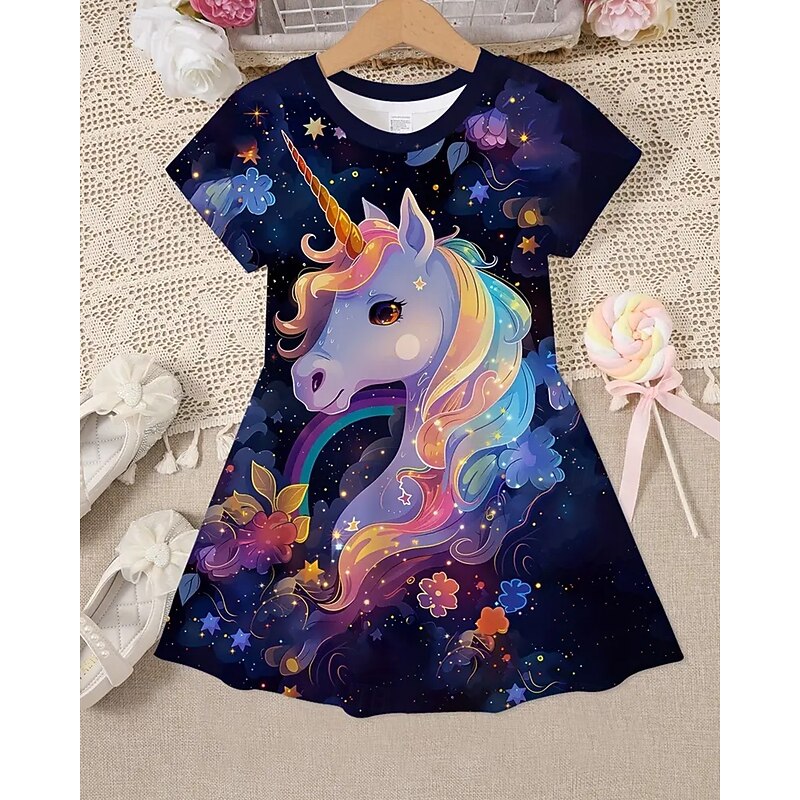 Girls' 3D Unicorn Dress Short Sleeve Summer Spring Vacation Daily Holiday Princess Beautiful Sweet Kids 4-12 Years Casual Dress A Line Dress Knee-length Regular Fit2