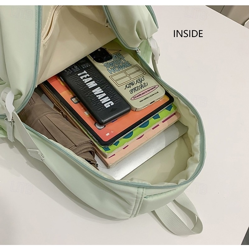 Women's Pastel Green School Backpack – Lightweight Large Capacity Travel Bag with Multiple Pockets and Side Straps4