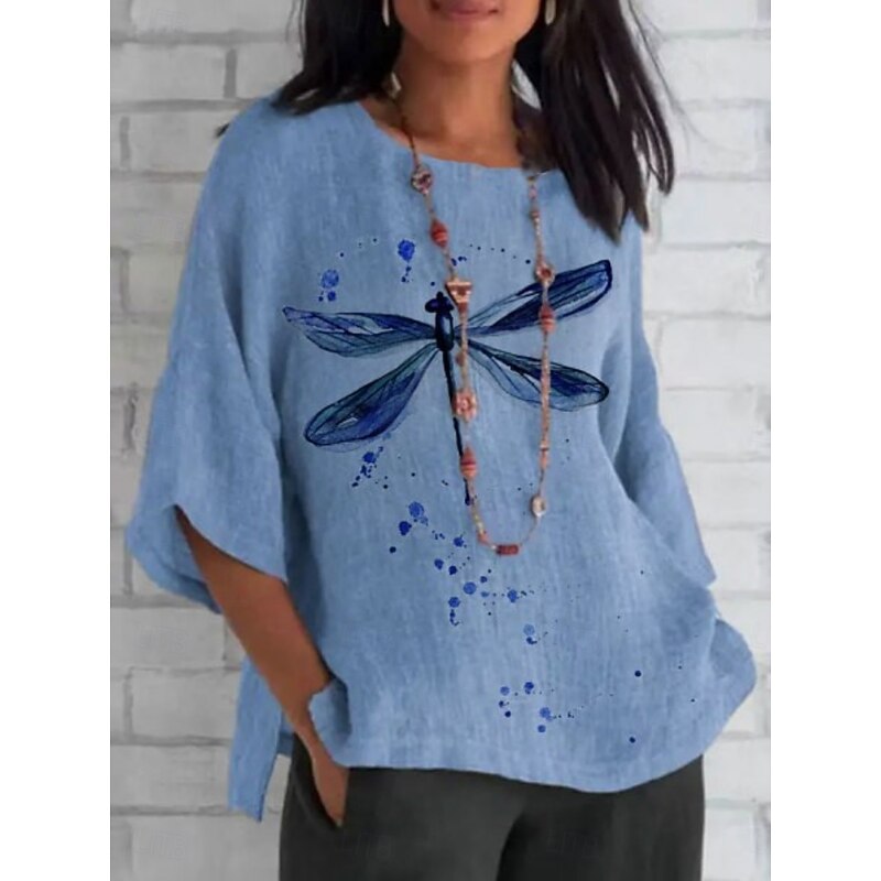 Women's Shirt Dragonfly Daily Casual 3/4 Length Sleeve Crew Neck Regular Tops Daily Holiday Print White Blue Green Summer Spring Fall3