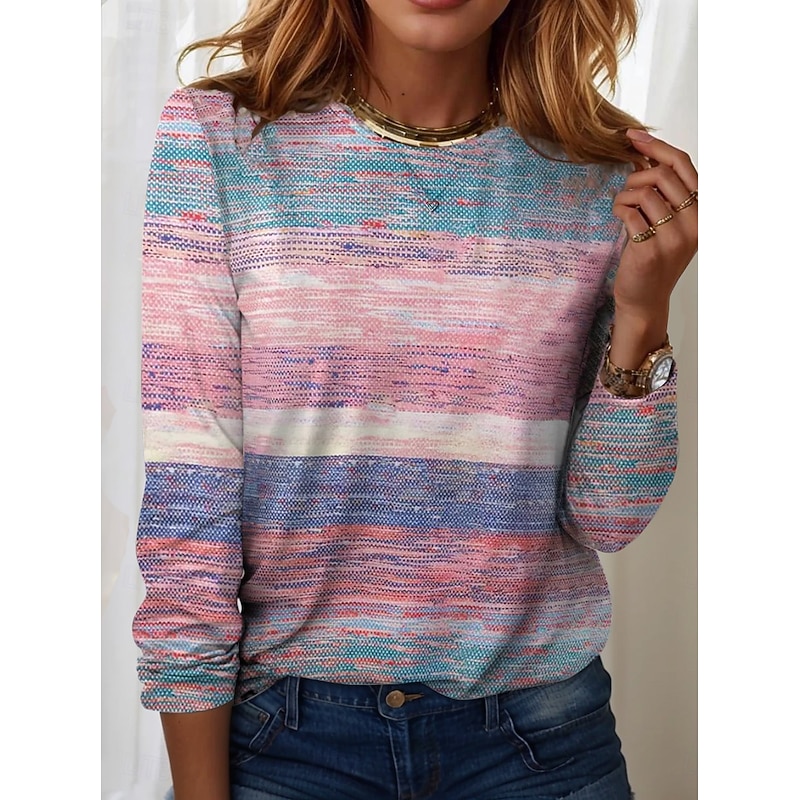 Easter Women's T shirt Long Sleeve Crew Neck Long Sleeve Tunic Graphic Geometric Plaid Vintage Stylish Classic Round Neck Regular Tops Daily Print Pink Purple Brown Rose Pink Fall Prefall2