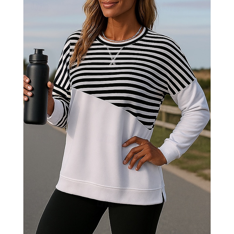 Women's Running Top Pullover Sweatshirt Long Sleeve Top Athleisure Stripes Cotton Sun Protection Windproof Gym Outdoor Running Sportswear Activewear Black Pink Red