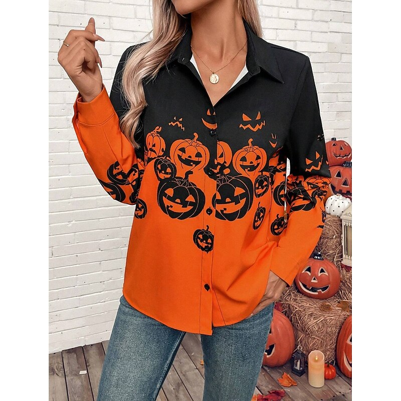 Halloween Women's Shirt Pumpkin Print Button Down Tunic Shirt Collar Long Sleeve Graphic Elegant Vintage Tropical Bishop Sleeve Regular Tops Daily Holiday Print Orange Spring Fall